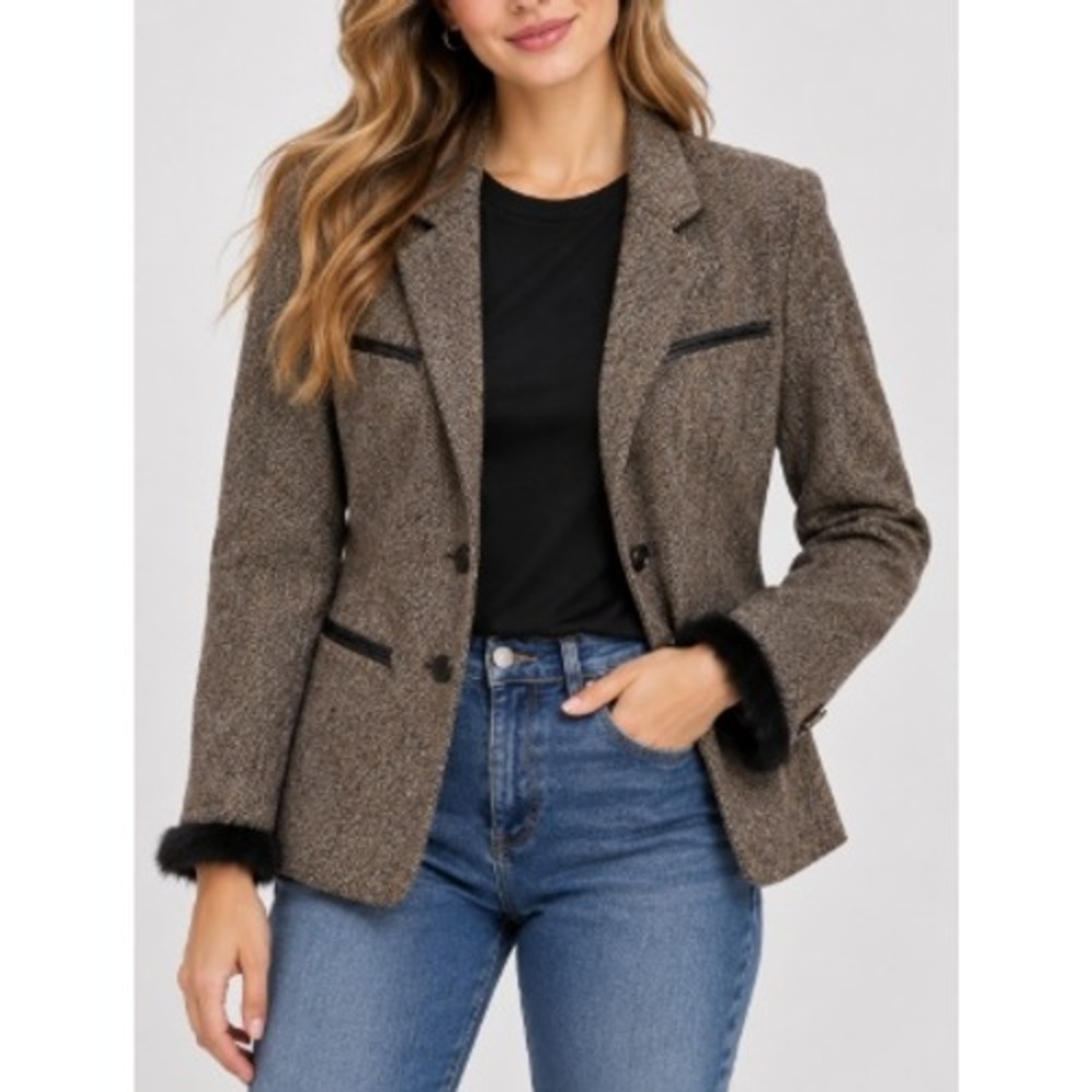 Civmeei Womens Brown Herringbone Faux Fur Trim Zip Up Jacket Size L